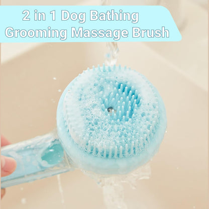 2 Pcs Dog Bath Scrubber Brush, 2 in 1 Pet Dog Grooming Brush with Built-In Shampoo Dispenser Massage Shampoo Bath Brush Soft Silicone Bristle for Long Short Haired Dogs Cats Shower-Green