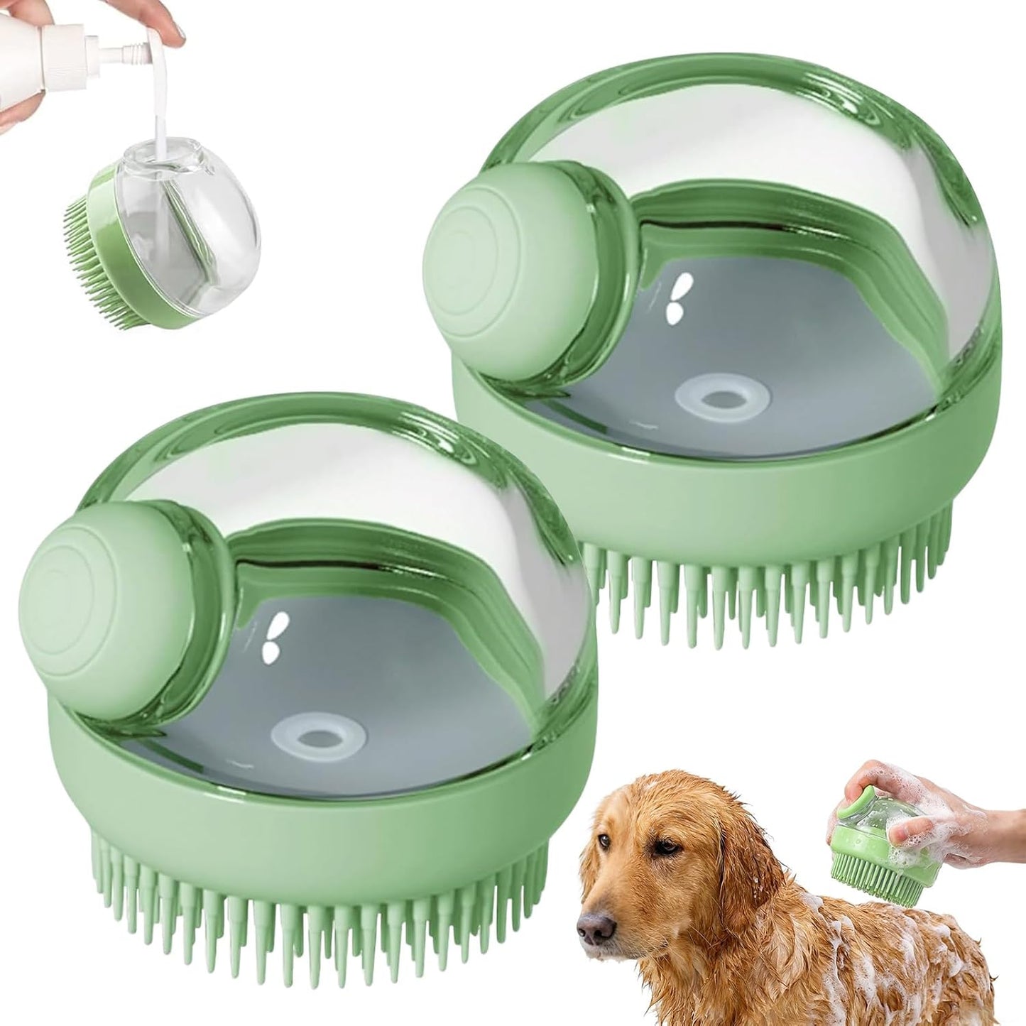 2 Pcs Dog Bath Scrubber Brush, 2 in 1 Pet Dog Grooming Brush with Built-In Shampoo Dispenser Massage Shampoo Bath Brush Soft Silicone Bristle for Long Short Haired Dogs Cats Shower-Green